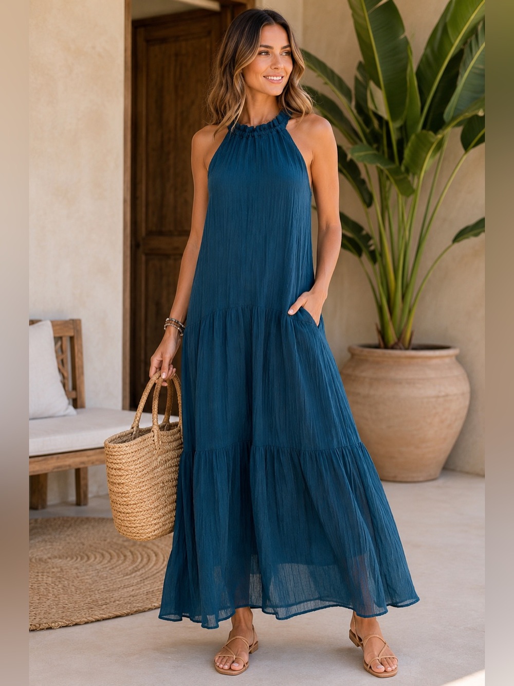 Socialite Sailor Blue Tiered Gauze Halter Maxi Dress Pockets L NWOT